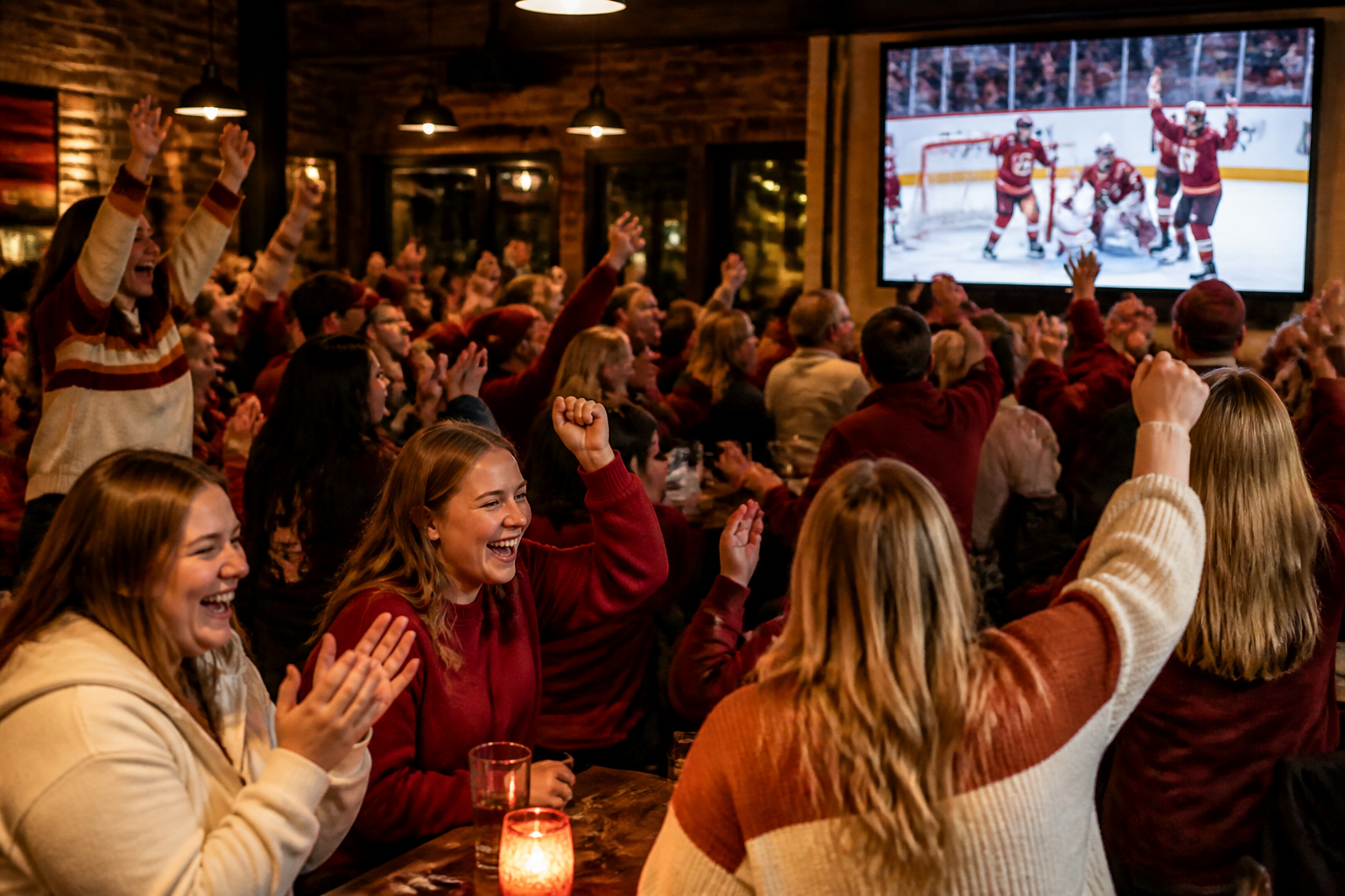 A full house at the bar, every face turned to the game on the big screen